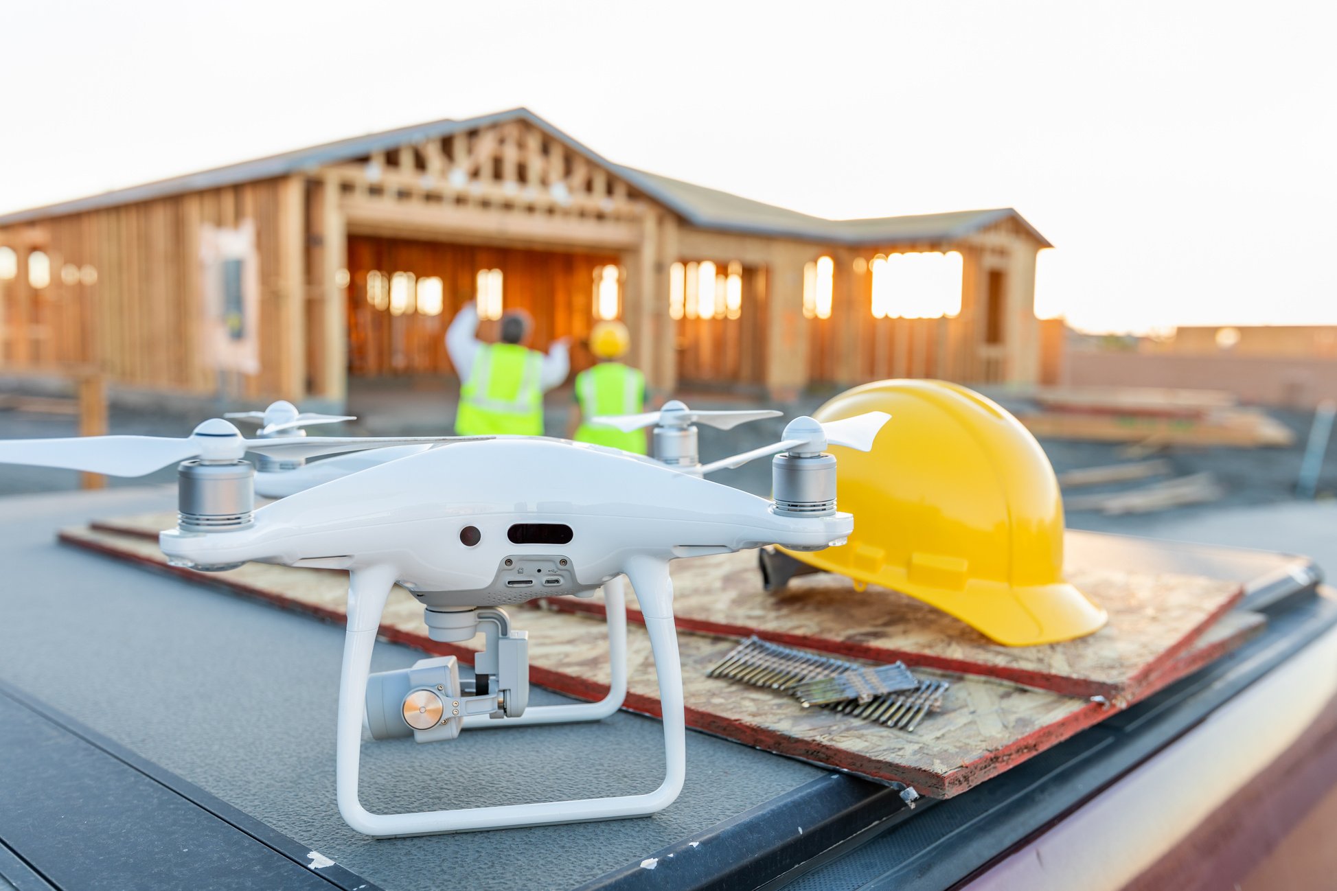 Drone Quadcopter Next to Hard Hat Helmet at Construction Site Wi